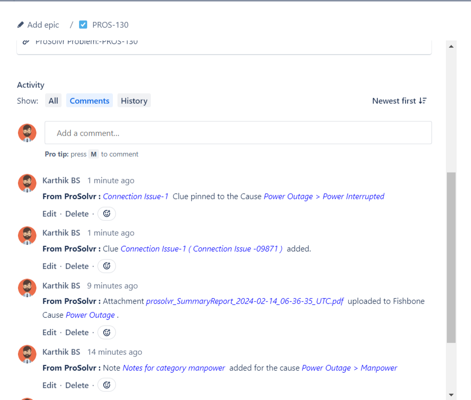 Pin clue operation details also gets reflected in the associated Jira issue