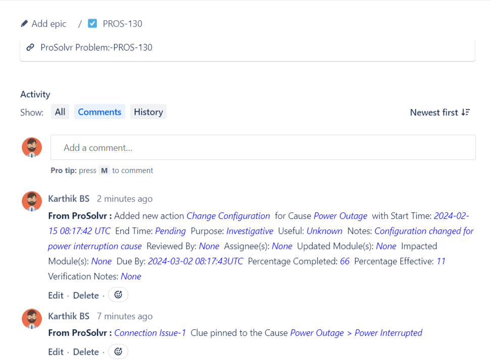 The Action details get added to the associated Jira issue
