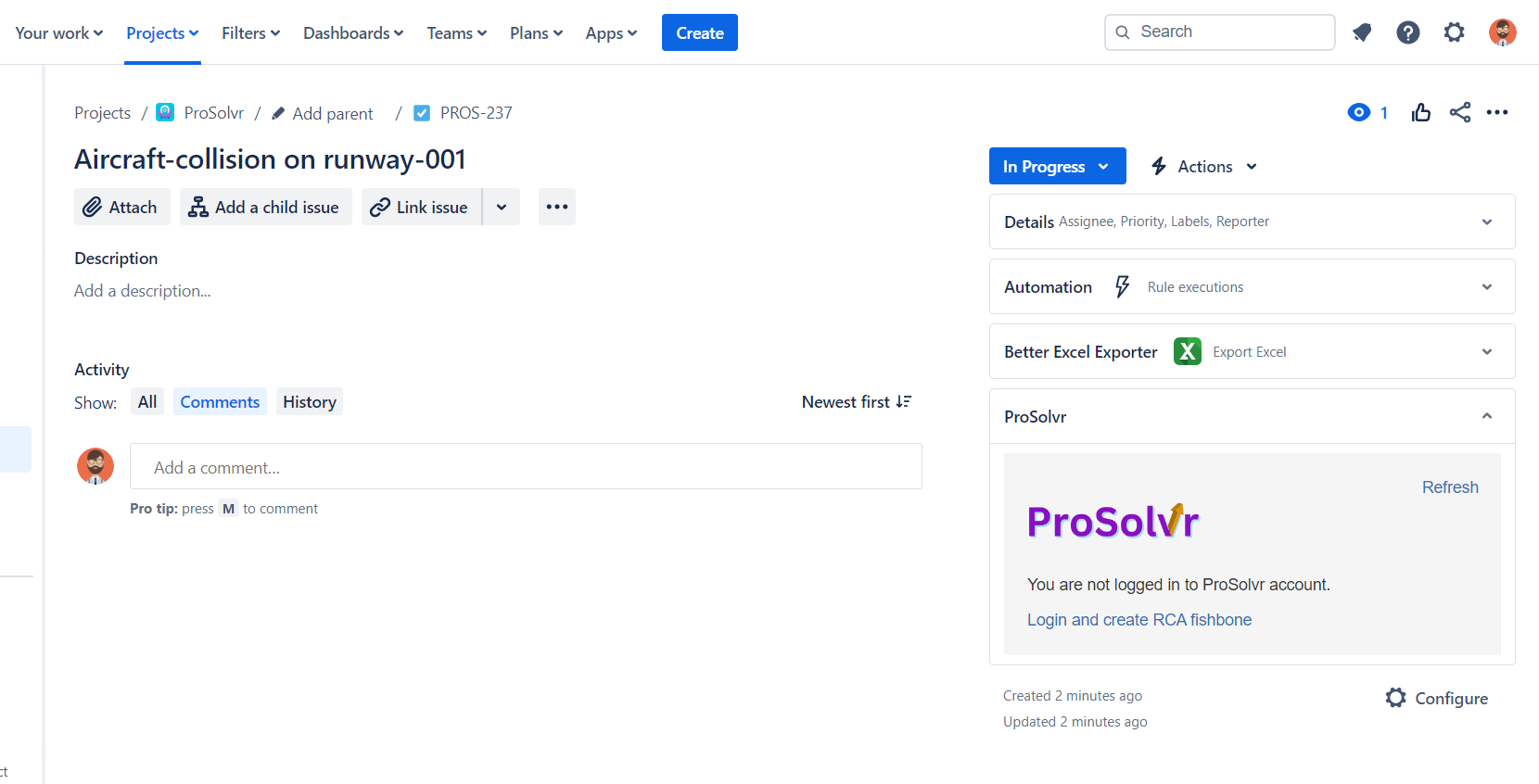 Open a problem in ProSolvr Jira app
