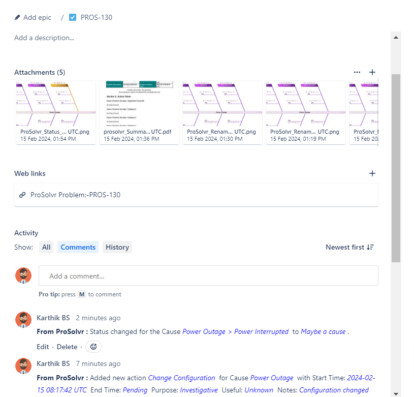 The Status setting operation details are reflected in the Jira issue as comments, and the latest snapshot is uploaded to the Jira issue. The branch with the parent - cause Machine  turns orange.